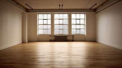 bright empty room hall with a large window and parquet, natural lighting. Generative AI