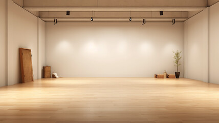 bright empty room hall with a large window and parquet, natural lighting. Generative AI