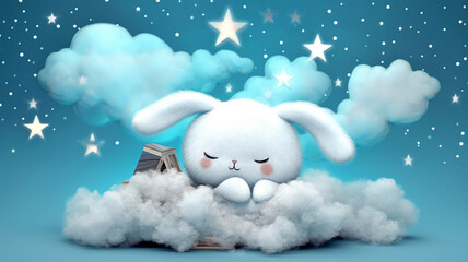 cute little bunny rabbit sleeping on a cloud watercolor drawing. Generative AI