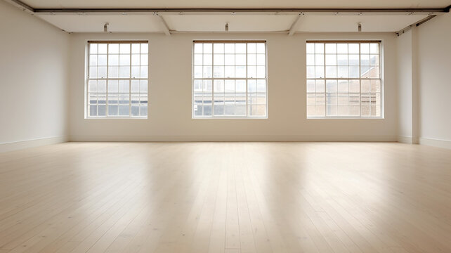 bright empty room hall with a large window and parquet, natural lighting. Generative AI