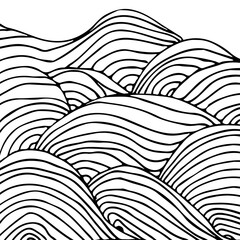 Simple minimalist wave pattern. Hand drawn graphic line art. Modern abstract  landscape. Monochrome black and white curly doodles
