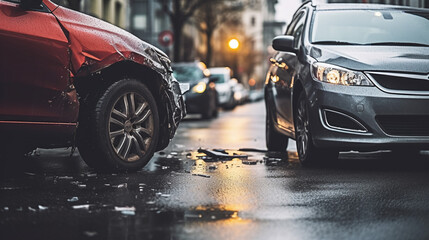 Auto accident involving two cars on a city street - Generative AI - obrazy, fototapety, plakaty