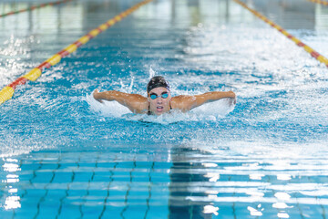 Front view of a powerful elite female swimmer competitor performing butterfly swim technique, arm...