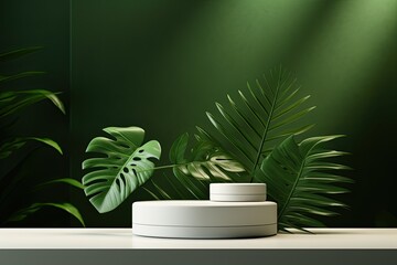 3D realistic white cylinder product pedestal podium background with green leaf