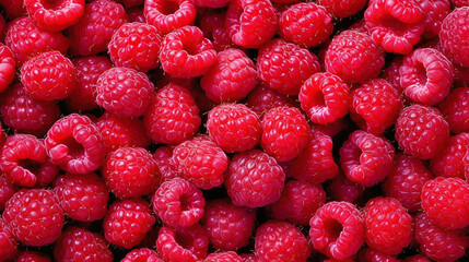 Background of fresh red raspberry arranged together representing concept of health diet. Top view. Generative Ai