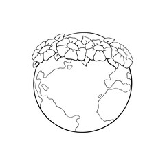 Planet Earth in a wreath of flowers. Coloring book page for kids. Vector illustration isolated on white background.