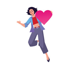 Happy woman flying with heart in hand, cartoon flat vector illustration isolated on white background.