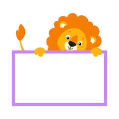 Fototapeta premium Cute cartoon character holding white blank poster. With place for text. Vector illustration.
