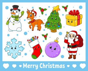 Set of stickers with cute cartoon characters. Winter clipart. Hand drawn. Colorful pack. Vector illustration. Patch badges collection for kids. For daily planner, organizer, diary.