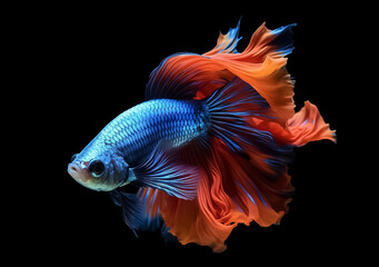 Beautiful Siamese fighting fish on dark background. Betta fish. Colorful fighting Siamese fish with beautiful silk tail isolated on black. Generative AI.