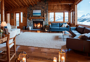 Cheminée dans un salon cosy d'un chalet de luxe à la montagne. Generative AI.
