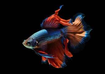 Beautiful Siamese fighting fish on dark background. Betta fish. Colorful fighting Siamese fish with beautiful silk tail isolated on black. Generative AI.