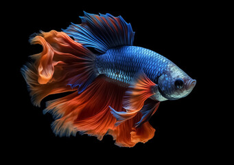 Fototapeta premium Beautiful Siamese fighting fish on dark background. Betta fish. Colorful fighting Siamese fish with beautiful silk tail isolated on black. Generative AI.