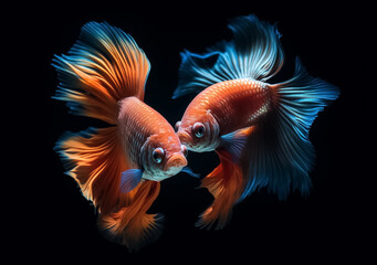 Fototapeta premium Beautiful Siamese fighting fish on dark background. Betta fish. Colorful fighting Siamese fish with beautiful silk tail isolated on black. Generative AI.
