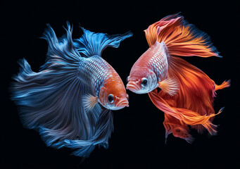 Beautiful Siamese fighting fish on dark background. Betta fish. Colorful fighting Siamese fish with beautiful silk tail isolated on black. Generative AI.