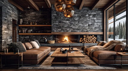 Obraz na płótnie Canvas Chalet Cozy Interior and Fireplace. Modern Cottage Living Room Decor with Wood Wall and Furniture. Rustic Home Design. Generative AI.