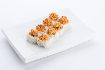 Sushi set and composition at white background. Japanese food restaurant, sushi maki gunkan roll plate or platter set.