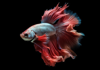 Beautiful Siamese fighting fish on dark background. Betta fish. Colorful fighting Siamese fish with beautiful silk tail isolated on black. Generative AI.