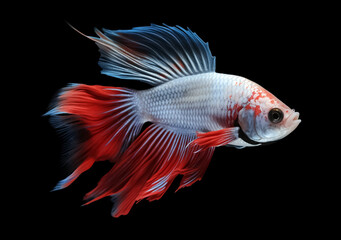 Fototapeta premium Beautiful Siamese fighting fish on dark background. Betta fish. Colorful fighting Siamese fish with beautiful silk tail isolated on black. Generative AI.