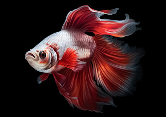 Beautiful Siamese fighting fish on dark background. Betta fish. Colorful fighting Siamese fish with beautiful silk tail isolated on black. Generative AI.