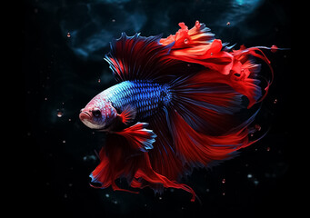 Fototapeta premium Beautiful Siamese fighting fish on dark background. Betta fish. Colorful fighting Siamese fish with beautiful silk tail isolated on black. Generative AI.