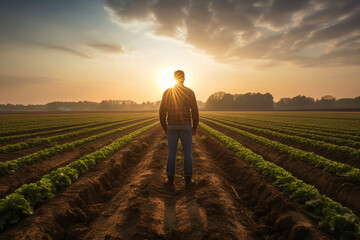 Farmer looking over his farm field - 619343345