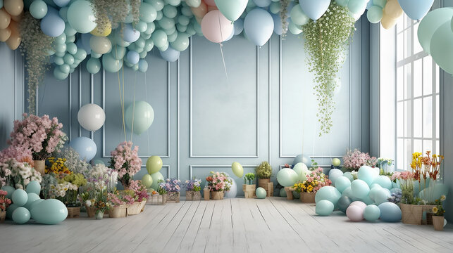 the studio is decorated with balloons blue holiday. Generative AI