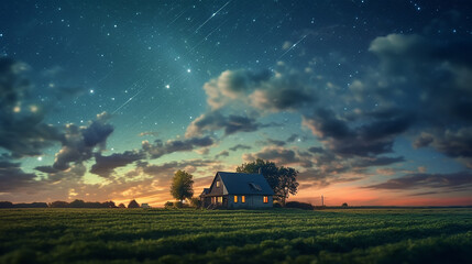 Fototapeta premium landscape panorama lonely house cottage under the starry sky. Generative AI