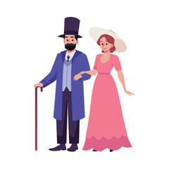 Happy couple in classic Victorian style costumes, flat vector illustration isolated on white background.