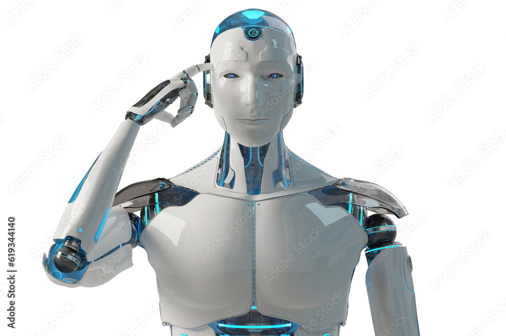 Leinwandbilder Futuristic robot touching his head. Isolated robot using artificial intelligence. 3D rendering white and blue humanoid cut out with transparent background