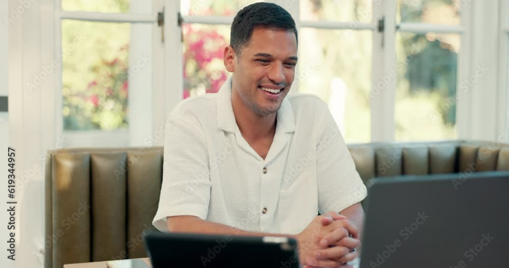 Poster video call, laptop and man talking in a coffee shop with sign language for a webinar on the internet