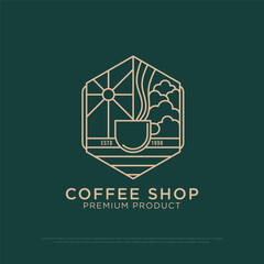Monogram Coffee shop logo design vector, vintage coffee logo illustration with outline style, best for restaurant, cafe, beverages logo brand