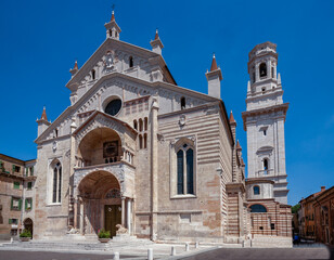 facade of the catholic middle ages romanic cathedral of San Zeno in Verona