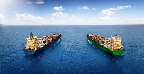 Tow container cargo ships traveling over ocean; concept for shipping, transport and business