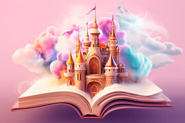 Open book with a fantasy world popping out. A castle illustration over a book. Generative AI.