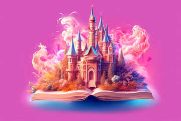 Fototapeta na wymiar Open book with a fantasy world popping out. A castle illustration over a book. Generative AI.