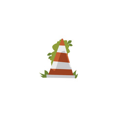 Old traffic cone overgrown with weed, cartoon flat vector illustration isolated on white background.