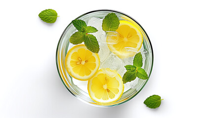 Glass of soda drink with lemon slices and mint isolated on white background. From top view. Generative Ai
