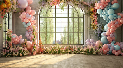 studio window decorated with balls colorful holiday.  Generative AI