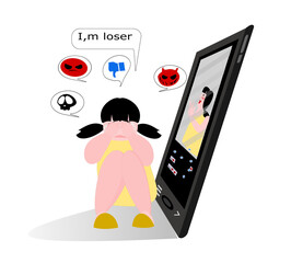 Cyber Bullying.Girl sitting and crying in front of the phone.Young are disliked, make negative comments, ridicule, satire, heartbreaking, stressful, and depressed.Online violence in social media.