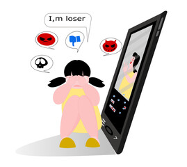 Cyber Bullying.Girl sitting and crying in front of the phone.Young are disliked, make negative comments, ridicule, satire, heartbreaking, stressful, and depressed.Online violence in social media.