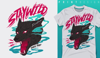 Graphic t-shirt design, Stay wild slogan with wolf,vector illustration for t-shirt.