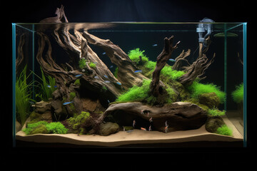 A captivating nature aquarium with underwater plants, driftwood, rocks, and fish, showcasing a harmonious aquascape design, generative AI