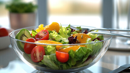 healthy eating, dieting, vegetarian kitchen and cooking concept - close up of vegetable salad bowl and fork at home. Generative Ai