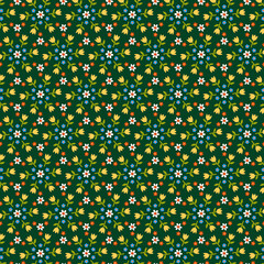 Summer botanical fabric pattern Simple white blue orange red flowers flat lay on a dark  green background Country style