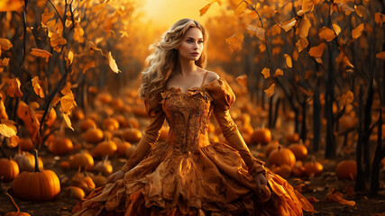 Schönes Model mit festlichen Abendkleid mit Kürbis und Herbstblätter in der Abendsonne, ai generativ