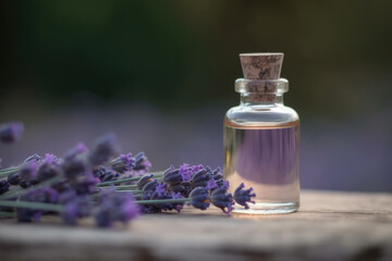 Obraz na płótnie Canvas Fragrant Lavender Essential Oil in small transparent glass Bottle on a wooden surface next to fresh Lavandula Flowers, field background.