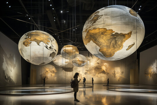 incorporating oversized vintage maps suspended from the ceiling, with viewers encouraged to walk beneath them and immerse themselves in the vastness and possibilities depicted, inv Generative AI