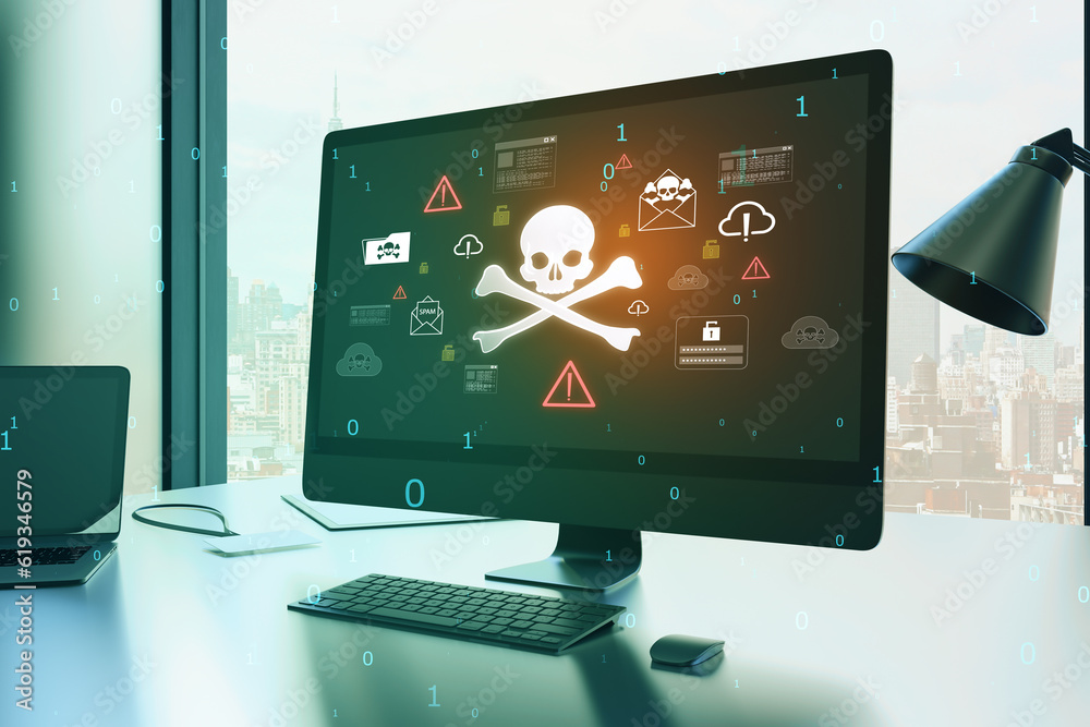 Poster Abstract hacker skull hologram on computer monitor. Blurry window with city view background. Hacking, malware and phishing concept. 3D Rendering.