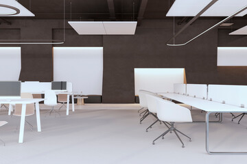 Modern dark coworking office interior with equipment and furniture. 3D Rendering.